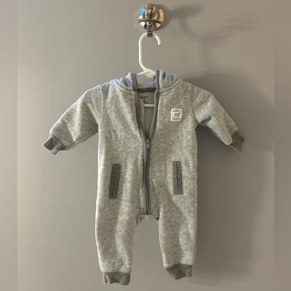 Daddy’s little sidekick puppy sweatsuit one piece open feet. Size 3 month.